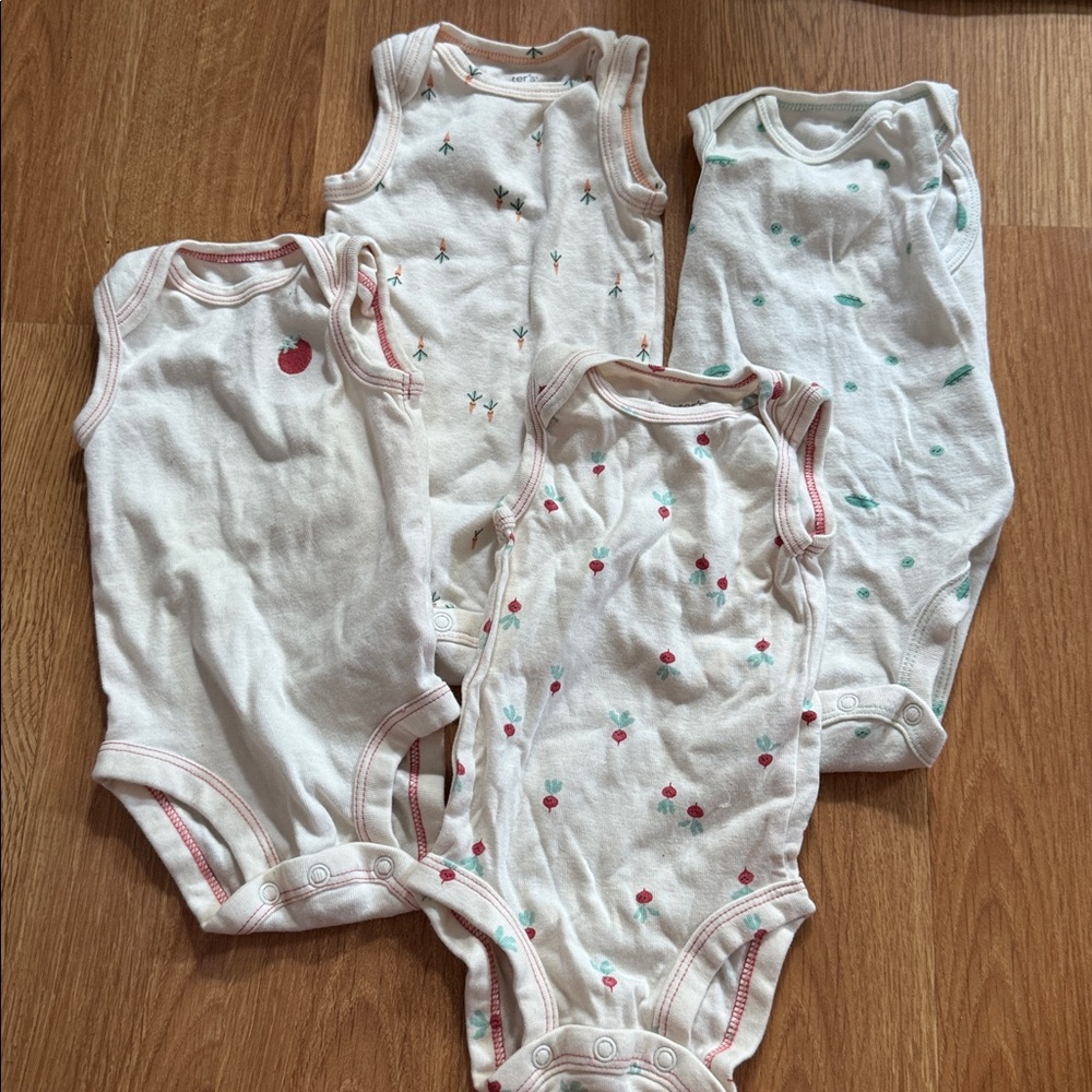 Carters 3 Month Onesie Bundle, Qty 4 Sleeveless, carrots, peas, beets, tomato